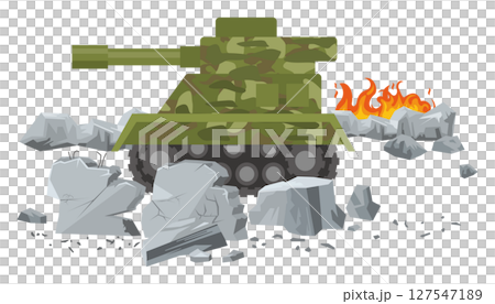 Illustration of a tank driving through rubble and flames 127547189