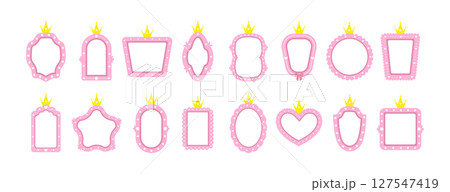 Princess mirrors and frames. Different shapes for invitation, postcards and flyers. Cute vintage element for birthday party decoration. Vector illustration in flat cartoon style 127547419