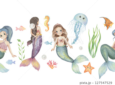 Watercolor seamless border with cute Little Mermaid, underwater animals and algae  127547529
