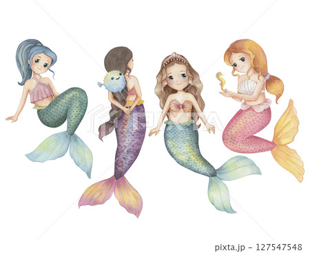 Cute watercolor cartoon Little mermaid illustration 127547548