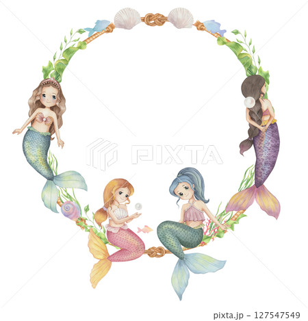 Watercolor sea frame with mermaid, corals and shells Watercolor sea frame with mermaid, corals and shells 127547549