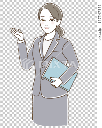A woman in a suit smiling while holding a file 127547551