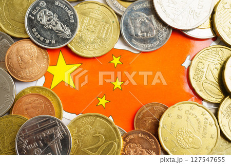 China flag on coins background, finance and accounting, banking concept. 127547655