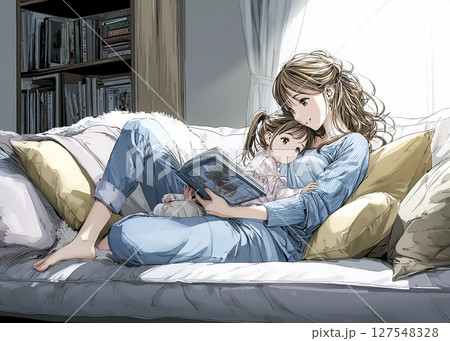 子供に寝る前の読み聞かせをするママのイラスト素材 127548328