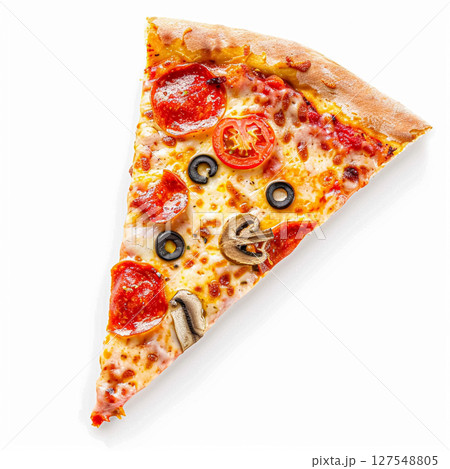 Delicious slice of pizza, featuring melted cheese and rich tomato sauce on a golden crust, isolated on a white background 127548805