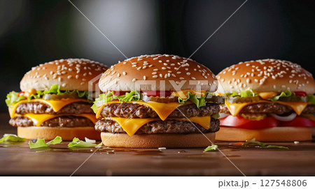 Tempting double cheeseburgers on a rustic wooden table with scattered sauce. Each features a juicy patty, melted cheese, fresh lettuce, tomato, pickles, and special sauce on a sesame seed bun. 127548806