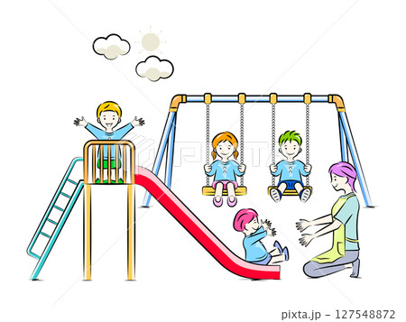 遊具(ブランコ・すべり台)で遊ぶ園児たちと保育士・幼稚園の先生|保育・幼稚園イラストシリーズ 遊具(ブランコ・すべり台)で遊ぶ園児たちと保育士・幼稚園の先生|保育・幼稚園イラストシリーズ 127548872