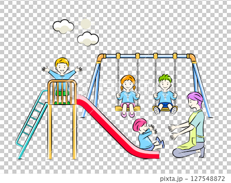 遊具(ブランコ・すべり台)で遊ぶ園児たちと保育士・幼稚園の先生|保育・幼稚園イラストシリーズ 遊具(ブランコ・すべり台)で遊ぶ園児たちと保育士・幼稚園の先生|保育・幼稚園イラストシリーズ 127548872