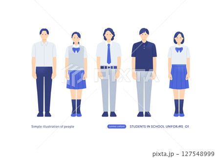 ブレザー制服姿の学生 夏の若々しい男女のベクターイラスト素材 127548999
