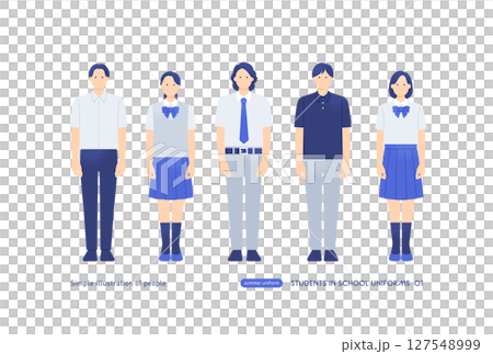 ブレザー制服姿の学生 夏の若々しい男女のベクターイラスト素材 127548999