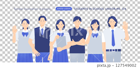 Male and female students wearing summer blazer uniforms Vector illustration set of cheering and calling poses Male and female students wearing summer blazer uniforms Vector illustration set of cheering and calling poses 127549002