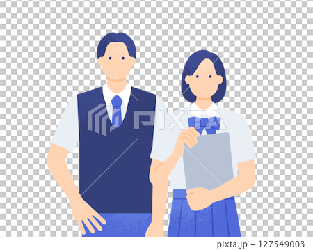 A girl holding a tablet, wearing a summer blazer uniform, male and female students, front view, vector illustration A girl holding a tablet, wearing a summer blazer uniform, male and female students, front view, vector illustration 127549003