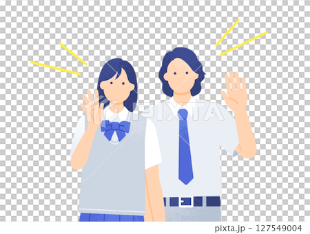 Summer uniforms for high school and junior high school students. Male and female students cheering. Calling pose illustration material Summer uniforms for high school and junior high school students. Male and female students cheering. Calling pose illustration material 127549004