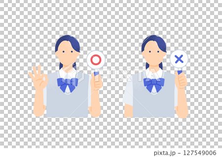 A girl in a summer blazer A high school girl holding a round number card Correct/incorrect judgment pose material A girl in a summer blazer A high school girl holding a round number card Correct/incorrect judgment pose material 127549006