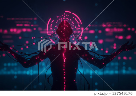 データネットワークに接続された近未来ネオンのサイバネティックヒューマンシルエット データネットワークに接続された近未来ネオンのサイバネティックヒューマンシルエット 127549176