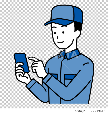 スマートフォンを操作するつなぎ作業服の男性 スマートフォンを操作するつなぎ作業服の男性 127549616