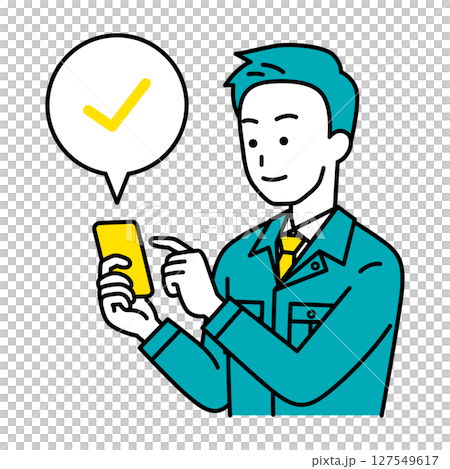 スマートフォンで確認をする作業員の男性 スマートフォンで確認をする作業員の男性 127549617