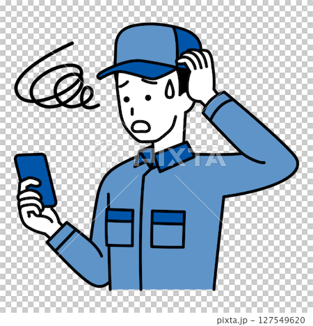 一名身穿工作服的男子在使用智慧型手機時遇到問題 一名身穿工作服的男子在使用智慧型手機時遇到問題 127549620