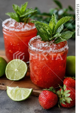 Refreshing strawberry mojito with lime and mint garnish on rustic wooden table 127549715