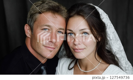 Caucasian bride and groom embracing in wedding attire 127549736