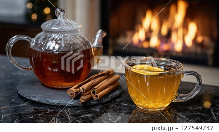 Cozy fireplace tea setting with cinnamon and lemon on marble table 127549737