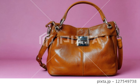 Elegant brown leather handbag with silver buckle on pink background 127549738