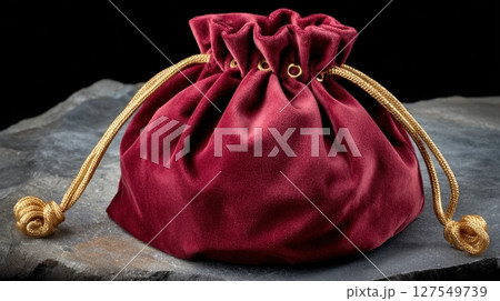 Elegant burgundy velvet pouch with gold drawstrings on stone surface 127549739