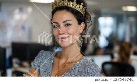 Confident young caucasian female wearing gold crown in office setting 127549740