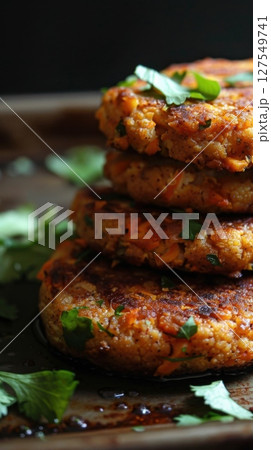 Stack of delicious chickpea and vegetable patties garnished with fresh herbs 127549741