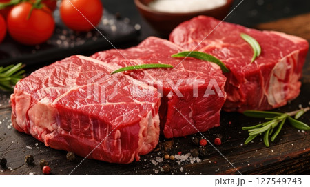 Fresh raw beef steaks on wooden board with rosemary and spices 127549743
