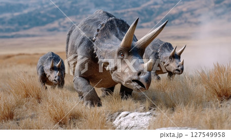Triceratops herd grazing in prehistoric plains Triceratops herd grazing in prehistoric plains 127549958