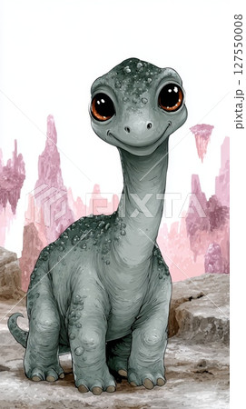 Cute cartoon dinosaur in fantasy landscape with pink rock formations 127550008