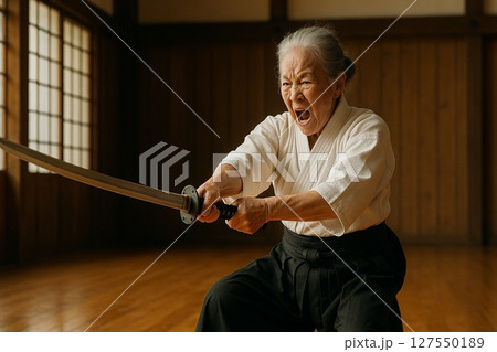気迫あふれる居合道シニア女性の演武瞬間 127550189