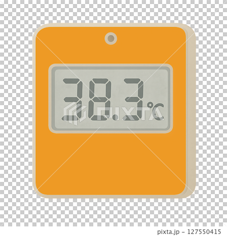 38.3℃を示すデジタル温度計のオレンジ警戒表示,高温注意を促す38.3℃の温度計イラスト,猛暑日を 127550415