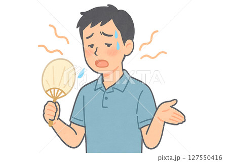 暑さでぐったりしてうちわを使う男性のイラスト,真夏の猛暑に疲れた男性があおぐ様子,熱中症初期症状でぐ 127550416