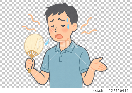 暑さでぐったりしてうちわを使う男性のイラスト,真夏の猛暑に疲れた男性があおぐ様子,熱中症初期症状でぐ 127550416