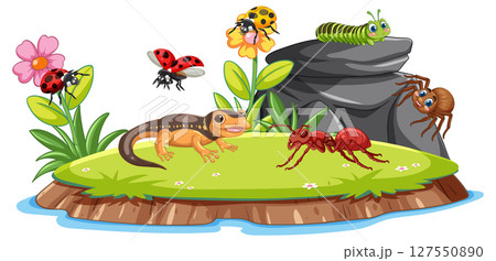 Colorful Insect and Reptile Garden Scene Colorful Insect and Reptile Garden Scene 127550890