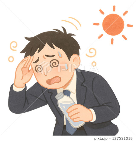 炎天下で熱中症に倒れかける男性,真夏の直射日光に苦しむスーツ男性,めまいや脱水症状に苦しむビジネスマ 127551019