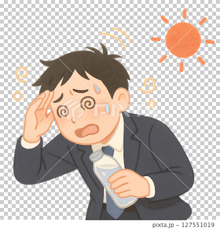 炎天下で熱中症に倒れかける男性,真夏の直射日光に苦しむスーツ男性,めまいや脱水症状に苦しむビジネスマ 127551019