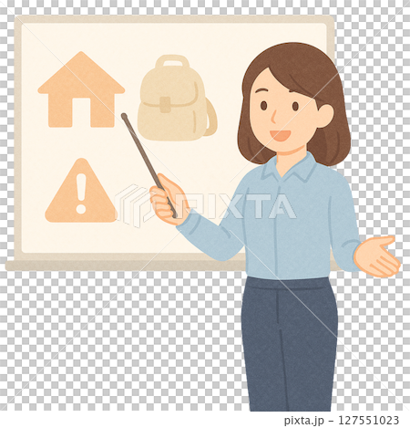 Illustration of a female instructor explaining disaster prevention, female disaster prevention instructor conveying evacuation and preparation, woman giving disaster prevention lecture on whiteboard 127551023