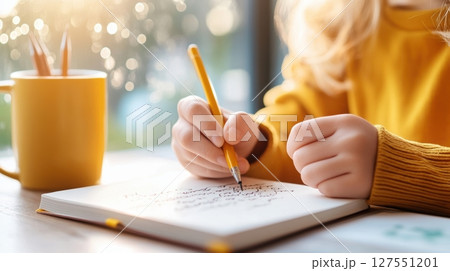Close up of an open book with handwritten poetry that delicate hands turning pages and against a serene coffee shop backdrop 127551201