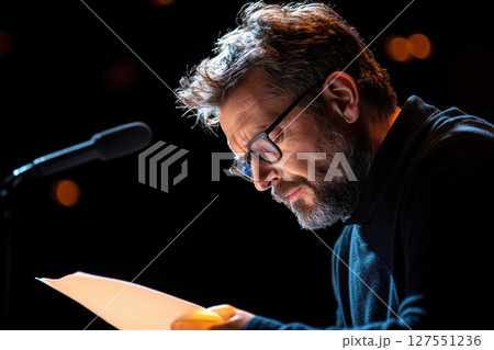 Modern poet performing spoken word on a small stage with spotlight highlighting their passionate expression 127551236