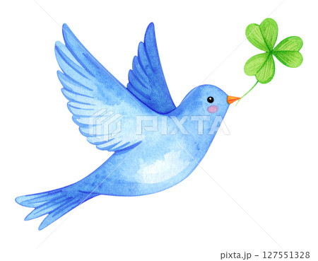 クローバーを咥える青い鳥 127551328
