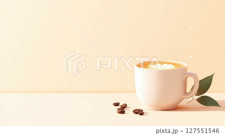 Aromatic Espresso Cup with Coffee Beans and Leaf on Wooden Table 127551546