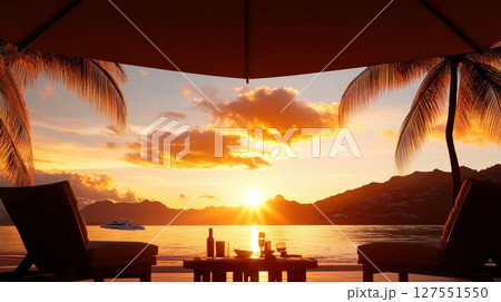 Breathtaking Sunset Over Tropical Paradise with Coconut Palm Trees and Ocean View 127551550