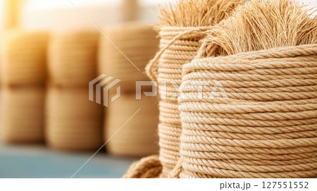 Coconut Fiber Ropes and Mats Stacked in Shipping Dock for Sustainable Materials 127551552