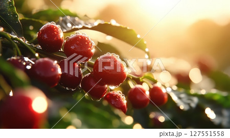 Dewy Coffee Plant Cherries Glowing in Warm Morning Sunlight 127551558