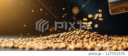 Glowing Coffee Beans on a Conveyor Belt During Roasting Process 127551570