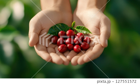 Hands Cupping Freshly Picked Organic Coffee Cherries with Plant Leaves 127551572