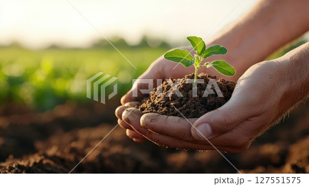 Hands Holding Freshly Dug Potatoes with a Green Field in the Background Hands Holding Freshly Dug Potatoes with a Green Field in the Background 127551575